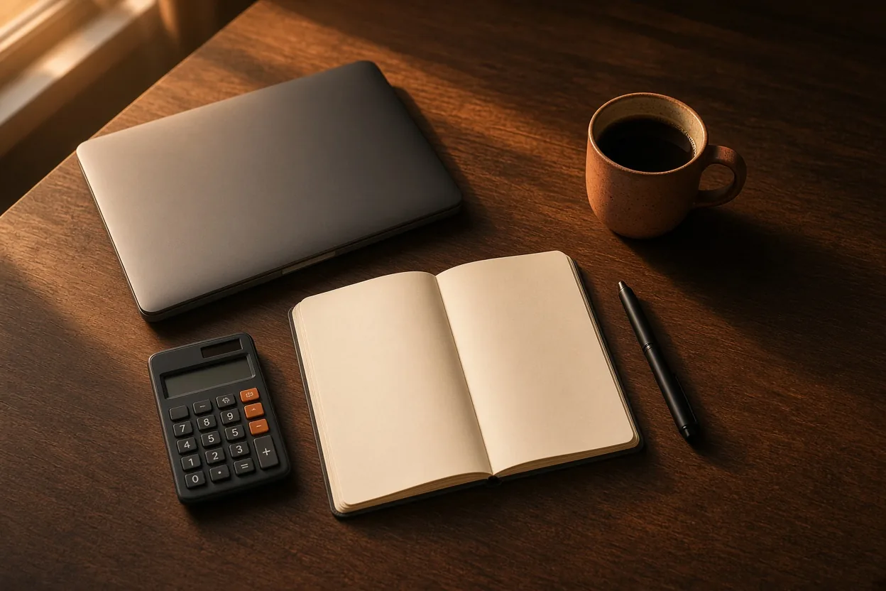 Vista cenital de un escritorio con portátil, calculadora y libreta