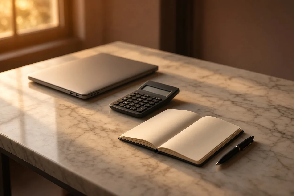 Escritorio con portátil, calculadora y libreta