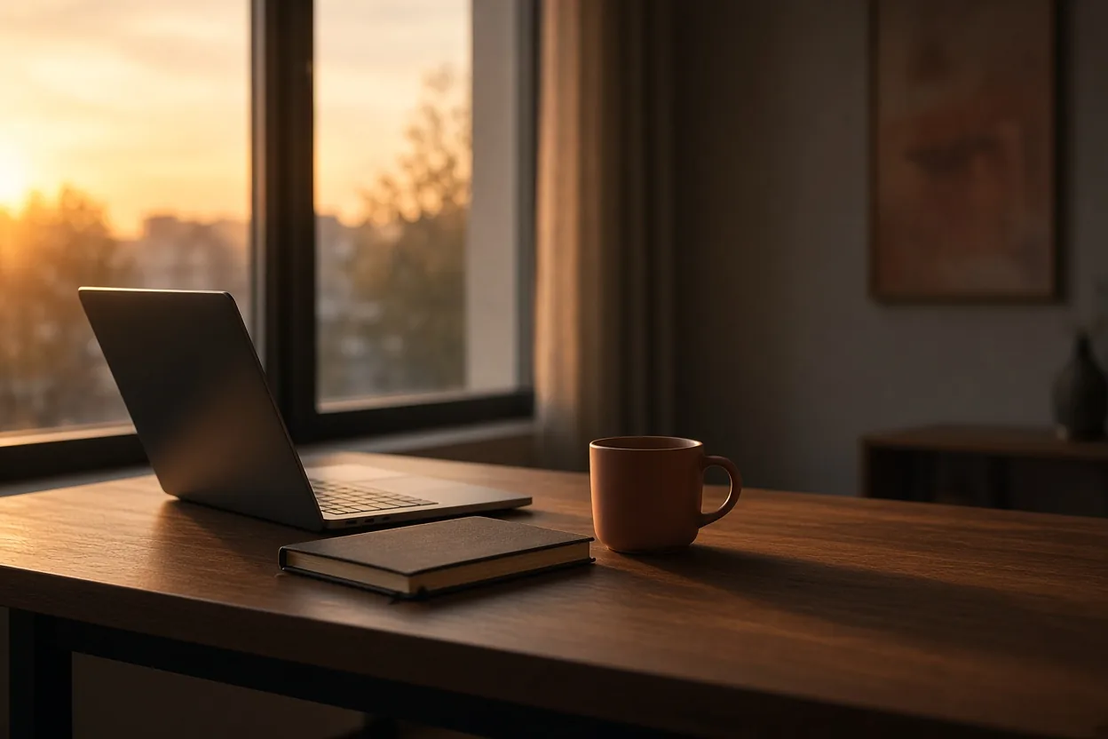 Escritorio con un portátil junto a un ventanal al atardecer
