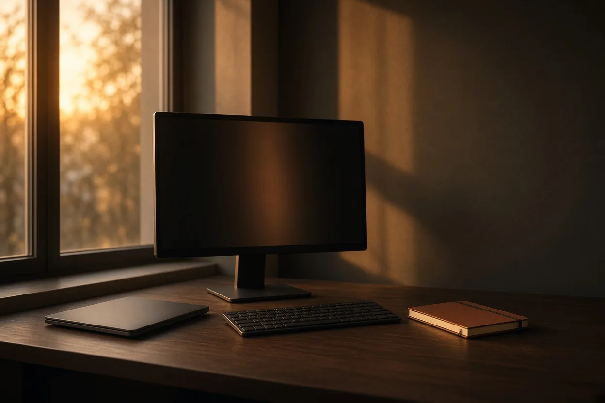 Puesto de trabajo junto a un ventanal con portátil y monitor