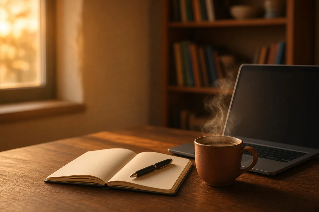 Rincón de trabajo con portátil, libreta y una taza de café