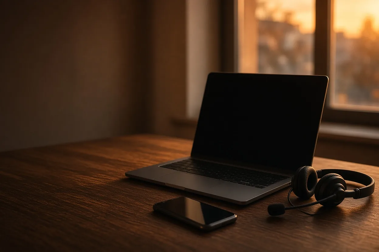 Teléfono, portátil y auriculares sobre un escritorio